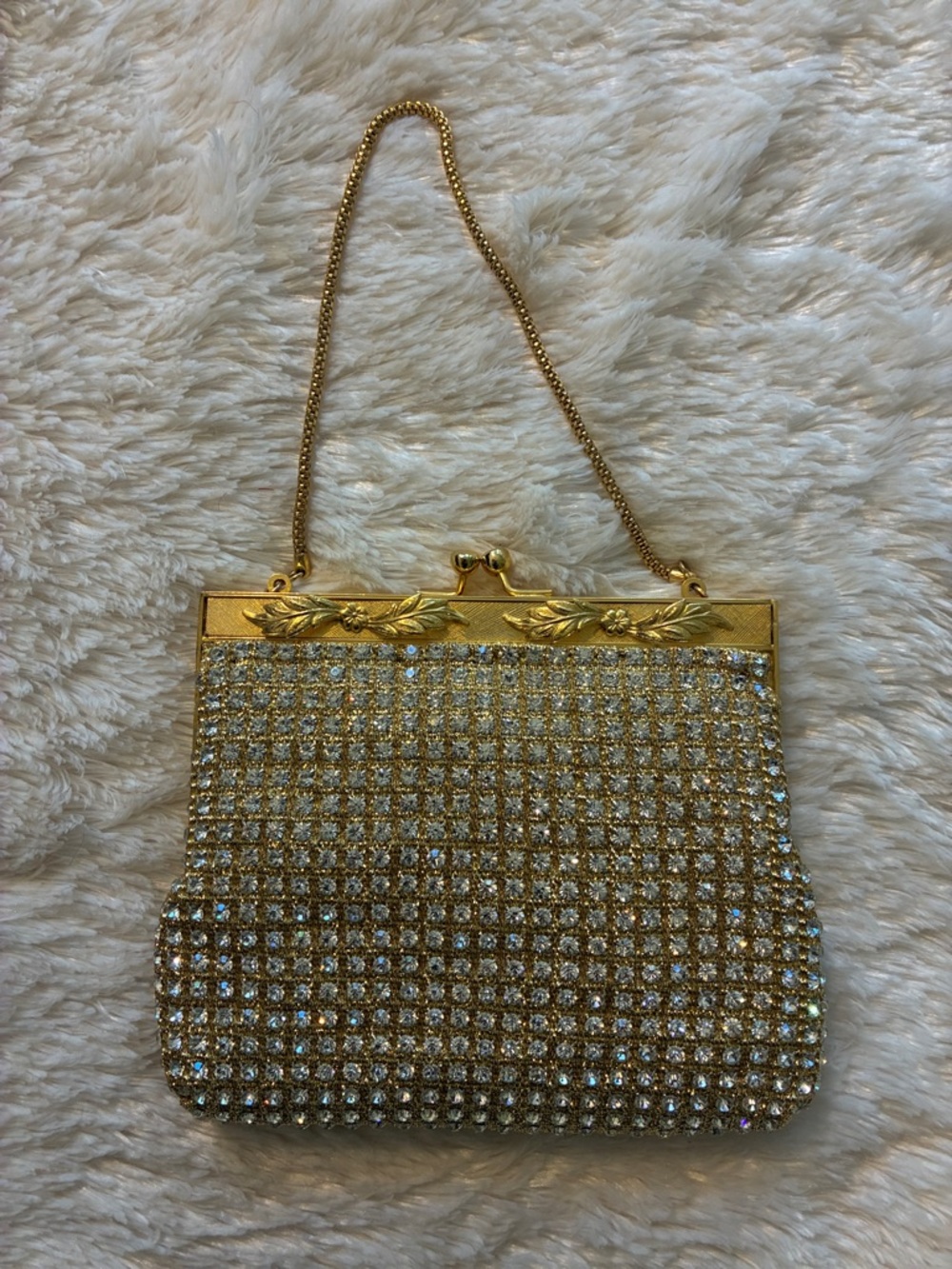 Vintage Gold Rhinestone Evening Wristlet Clutch with Chain Handle